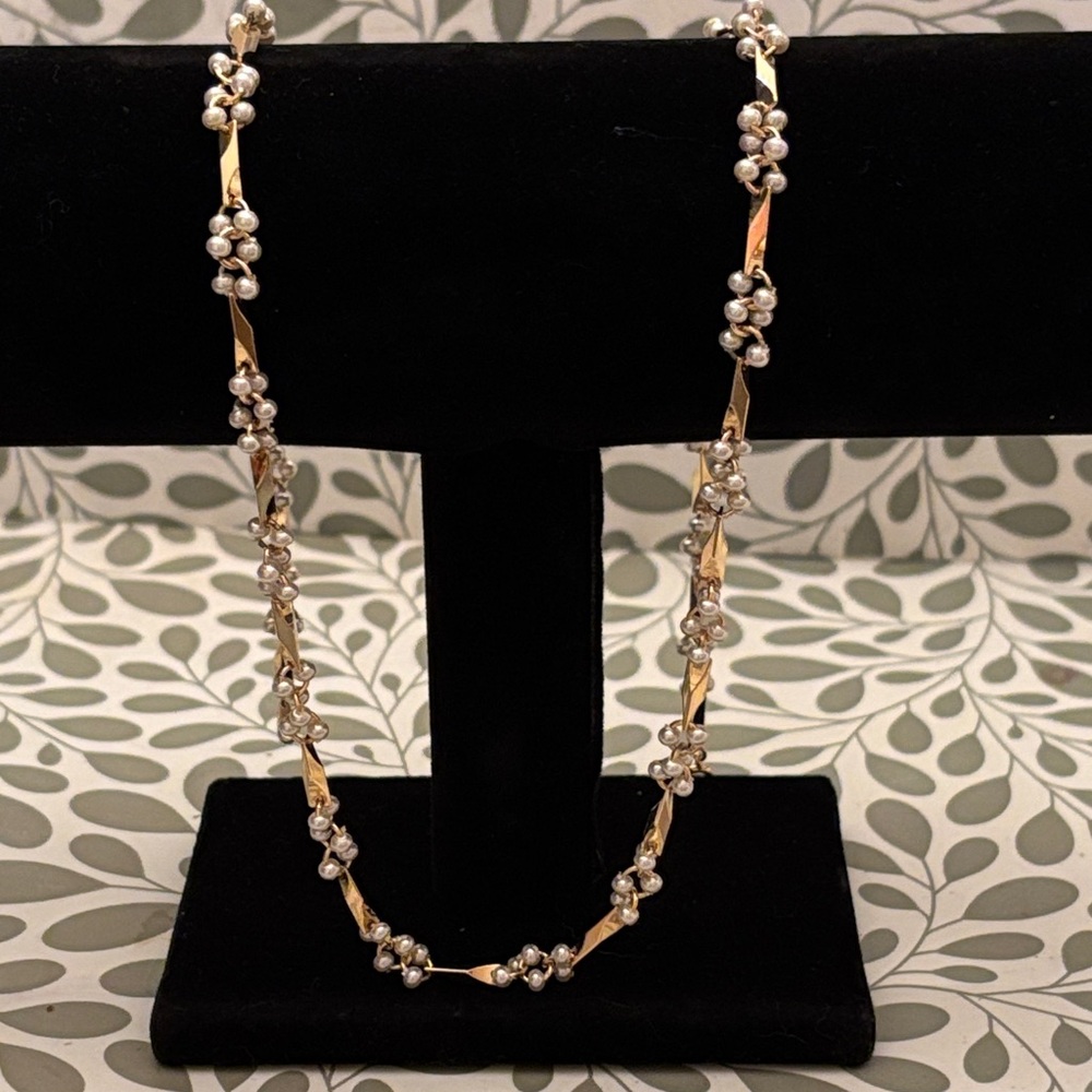 Gold Tone and Faux Seed Pearl Floral Necklace